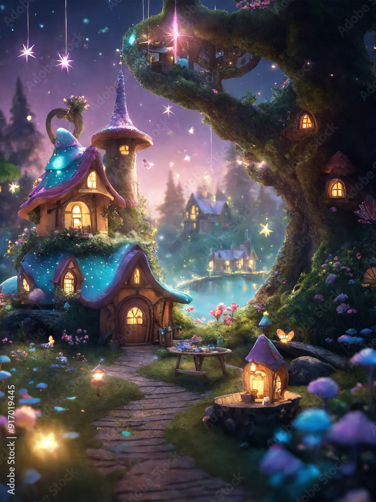 Fototapeta premium Hand drawn fairytale village in a magical forest with Butterflies - AI generated