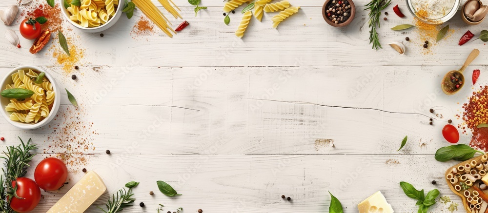 Top view of Italian pasta ingredients including raw pasta cheese vegetables spices and herbs on a white wooden background perfect for a copy space image Top view of Italian pasta ingredients including raw pasta cheese vegetables spices and herbs on a white wooden background perfect for a copy space image