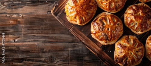 A top down view of Ossetian meat pies on a rustic wooden surface with empty space for text or graphics. Copy space image. Place for adding text and design photo