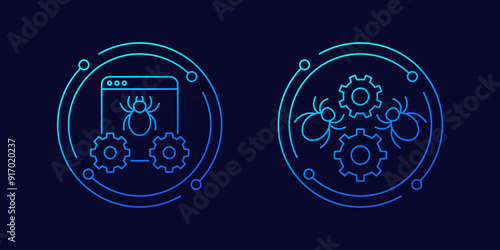 computer bugs and debugging icons, linear design