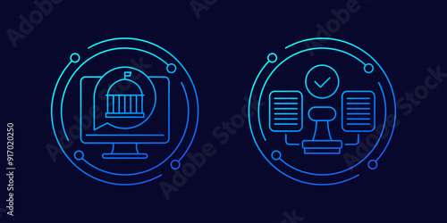 digital government icons, electronic documents linear design