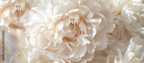 Fototapeta Naklejka Na Ścianę i Meble -  A wide banner showcasing a top view of fresh beautiful soft white peony flower heads with a close up providing a background with copy space image