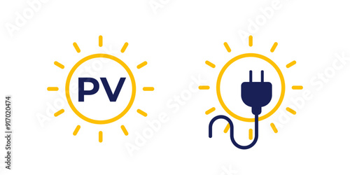 Solar PV panels icons with a sun and electric plug