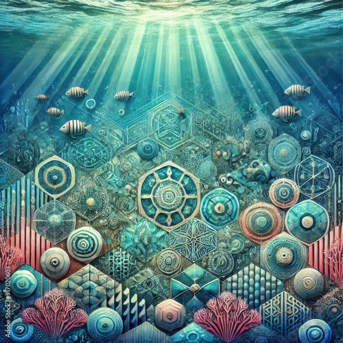 Underwater scene featuring clear blue water with intricate geometric patterns and marine life photo