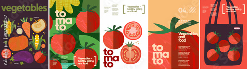 Tomato, food and vegetables. Vector modern abstract illustration of tomatoes isolated on white background, in bag and pattern for background, poster, flyer or brochure cover