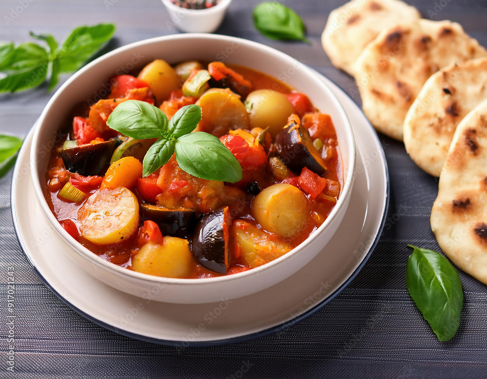 A delicious vegetable stew consisting of eggplant, tomato, potato, bell pepper, onion adorned basil leaves on a wooden table A delicious vegetable stew consisting of eggplant, tomato, potato, bell pepper, onion adorned basil leaves on a wooden table