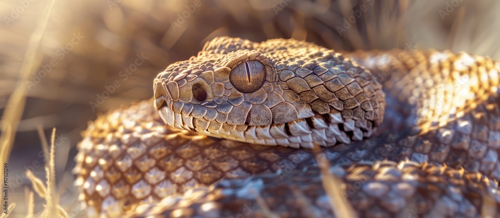 Fototapeta premium The head and tail of a rattlesnake with a blurred background for copyspace image