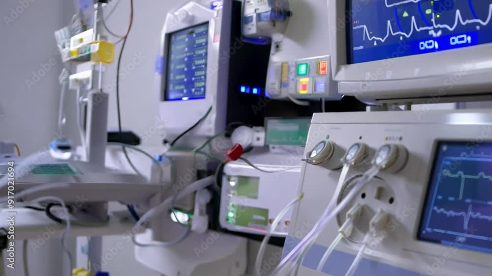 A ventilator machine with a detailed display and tubing is set against the backdrop of a hospital room. A ventilator machine with a detailed display and tubing is set against the backdrop of a hospital room.