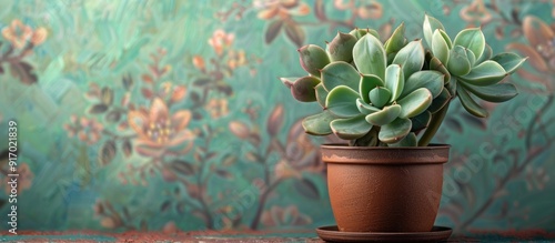 Succulent plant in a brown ceramic pot known as Crassula arborescens silver jade dollar beestebul or Chinese jade money tree is set against a floral background with copy space image in a home garden photo