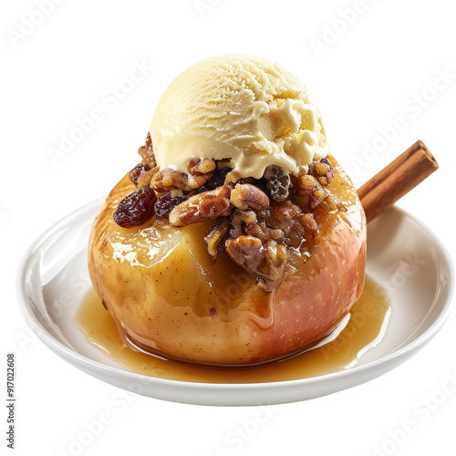 front view of Bratapfel with baked German stuffed apples, filled with nuts, raisins, and spices, isolated on a white transparent background