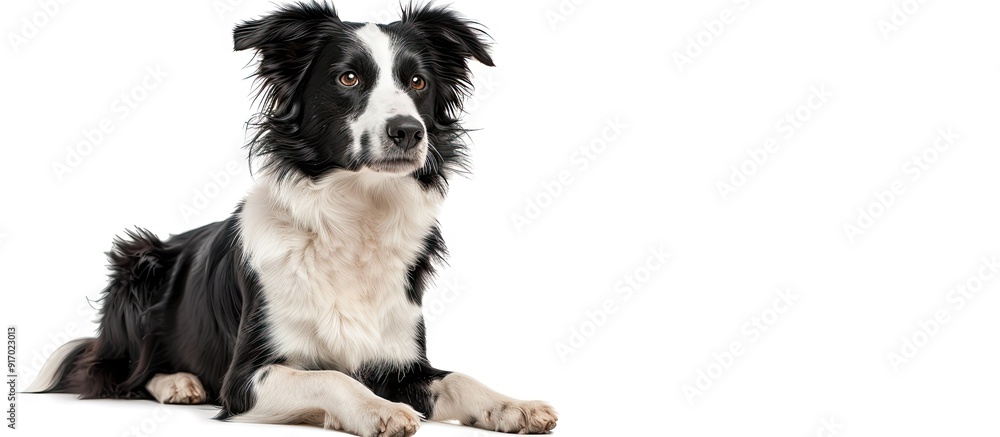 A lively border collie dog sits attentively on a white background in a engaging pose perfect for a copy space image