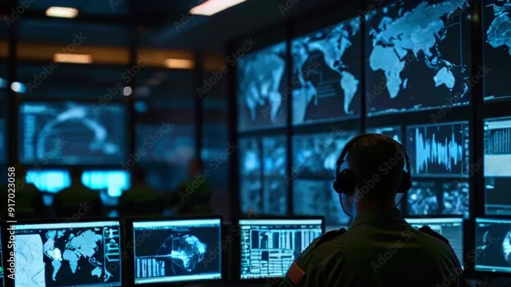 A soldier wearing a headset sits in front of computer monitors showing graphs and maps. A soldier wearing a headset sits in front of computer monitors showing graphs and maps.