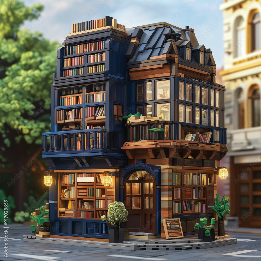 Charming bookstore facade with stacked books and warm lights. Charming bookstore facade with stacked books and warm lights.