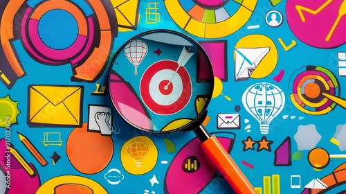 Magnifying Glass Over a Colorful Target on a Blue Background
