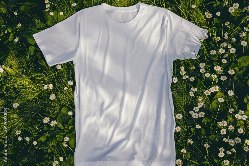 Mockup of a white t-shirt on a grass field with small white flowers Mockup of a white t-shirt on a grass field with small white flowers
