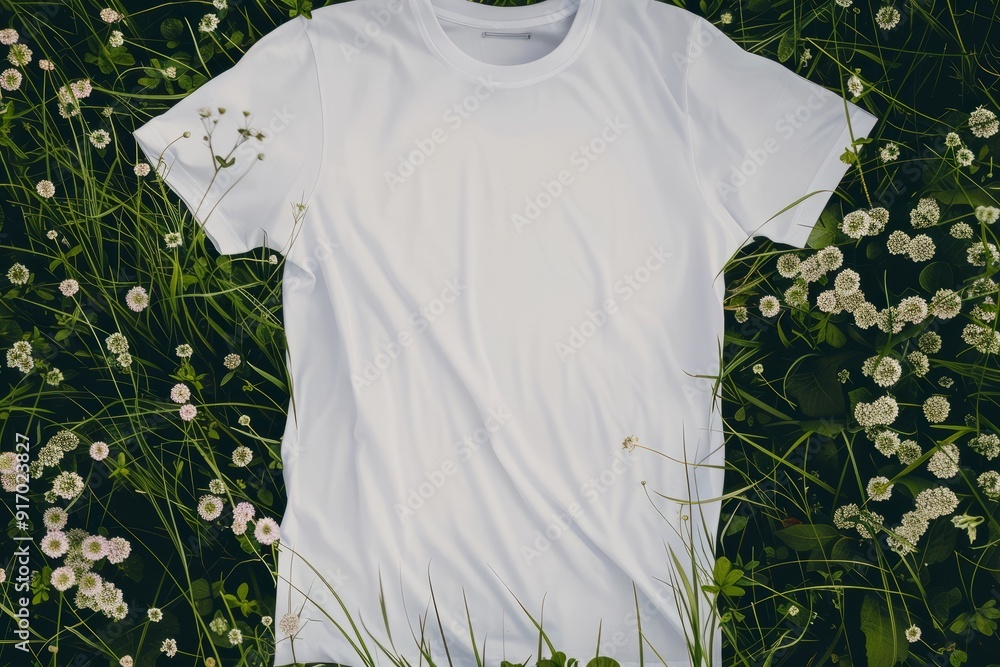 Mockup of a white t-shirt on a grass field with small white flowers Mockup of a white t-shirt on a grass field with small white flowers