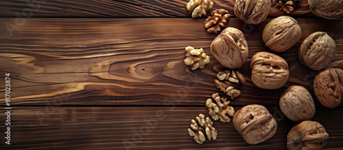 Walnuts on a wooden surface with copy space image