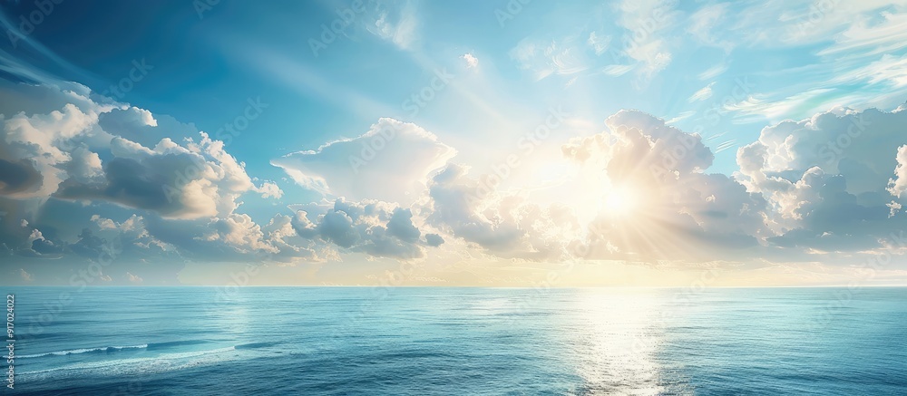 Scenic summer ocean view with a picturesque sky ideal for vacation concepts featuring sunlight and beautifully cloudy skies in a tranquil seascape with copy space image Scenic summer ocean view with a picturesque sky ideal for vacation concepts featuring sunlight and beautifully cloudy skies in a tranquil seascape with copy space image