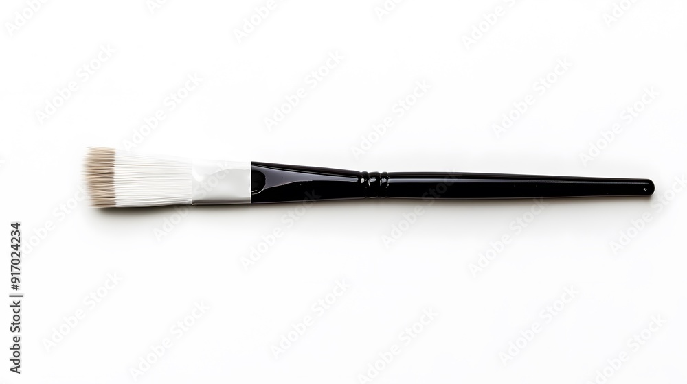 A clean white background, a single paintbrush with a black handle and white bristles, positioned horizontally at the bottom of the frame, minimalist composition. A clean white background, a single paintbrush with a black handle and white bristles, positioned horizontally at the bottom of the frame, minimalist composition.