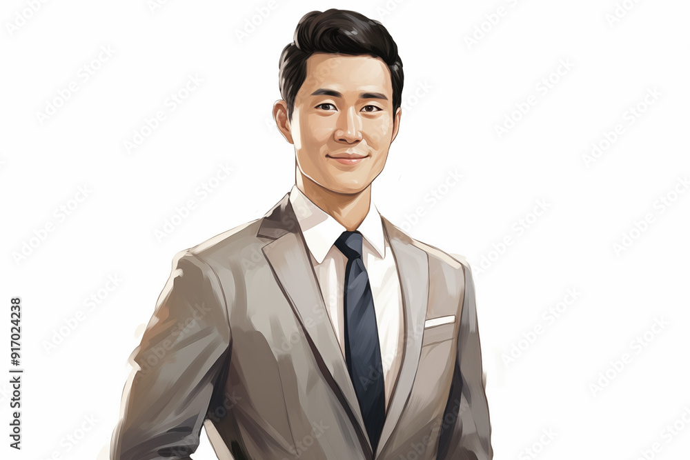 Illustration of smiling asian businessman on a white background. World of work. Asian country. Asian men. Recruitment. Job offer. Image for graphic designer. China. Japan. Illustration of smiling asian businessman on a white background. World of work. Asian country. Asian men. Recruitment. Job offer. Image for graphic designer. China. Japan.