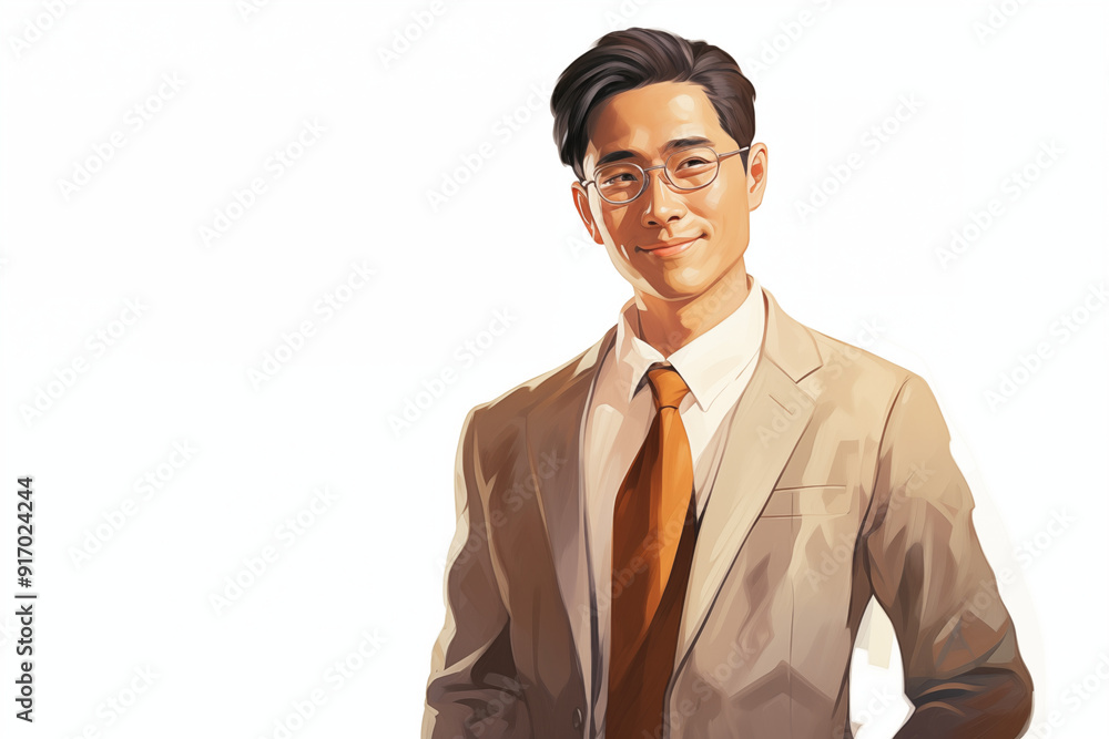 Illustration of smiling asian businessman on a white background. World of work. Asian country. Asian men. Recruitment. Job offer. Image for graphic designer. China. Japan. Illustration of smiling asian businessman on a white background. World of work. Asian country. Asian men. Recruitment. Job offer. Image for graphic designer. China. Japan.