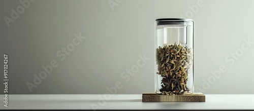 A tea infuser showcasing a mix of fennel anise and caraway seeds against a blank background in a copy space image