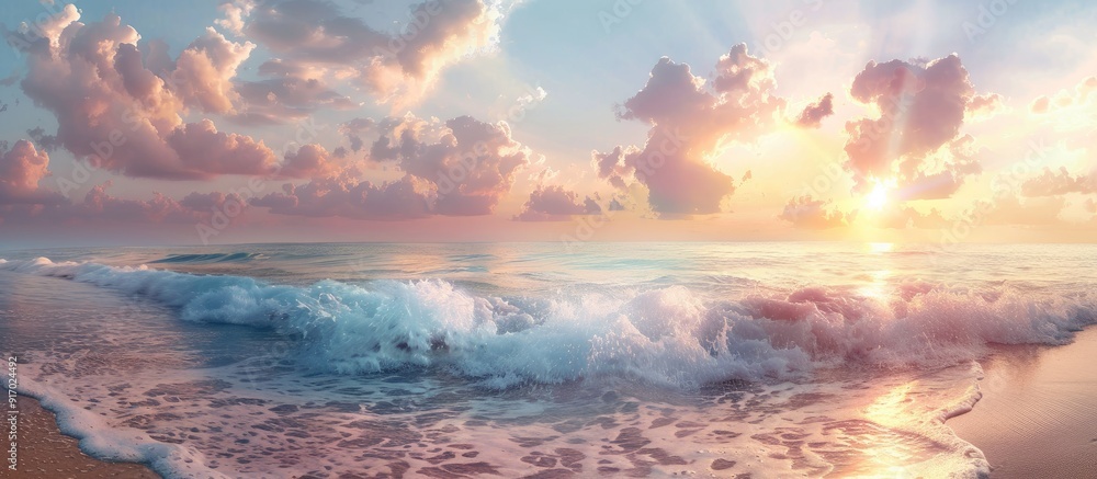 A romantic sunrise at the beach with a panoramic view perfect for a copy space image A romantic sunrise at the beach with a panoramic view perfect for a copy space image