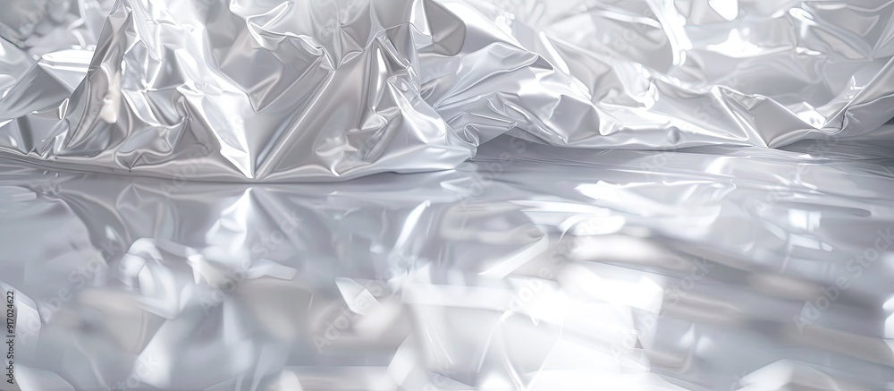 The crumpled white plastic bag film creates a textured background with reflections suitable for retail packaging displaying a rough texture on the floor with copy space image The crumpled white plastic bag film creates a textured background with reflections suitable for retail packaging displaying a rough texture on the floor with copy space image