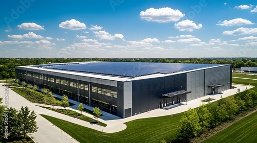 Aerial view of a large industrial building with solar panels on roof, blue sky with scattered white clouds, expansive green lawn in foreground, surrounding trees and vegetation.