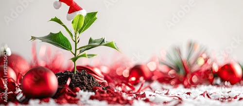 A young green seedling symbolizes the start of the New Year wearing a Santa Claus red cap surrounded by red baubles and tinsel on a white background representing new beginnings across different cultu