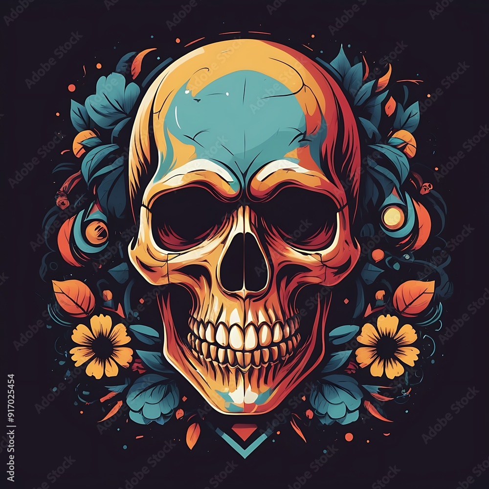 Human skull and flowers on a black background, Day of the dead, Red rose and skull illustration. Generative AI Human skull and flowers on a black background, Day of the dead, Red rose and skull illustration. Generative AI