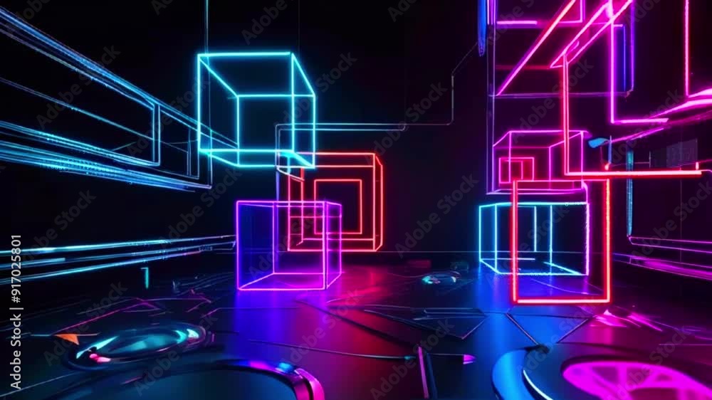 Abstract neon lights illuminate a dark, futuristic, urban scene. Abstract neon lights illuminate a dark, futuristic, urban scene.