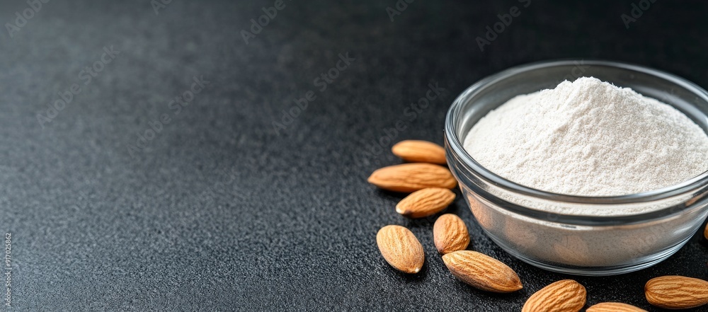 Almond Flour in Glass Bowl on Dark Background with Copy Space Almond Flour in Glass Bowl on Dark Background with Copy Space