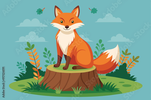 Cartoon of the nature scene with a fox sitting on tree stump and hyena