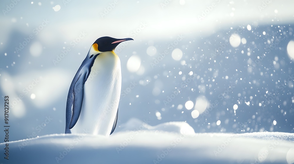 Fototapeta premium Emperor penguin standing majestic in bright Arctic landscape, pristine snow-covered ground, soft diffused sunlight, crystal clear air, light snowfall, pale blue sky.