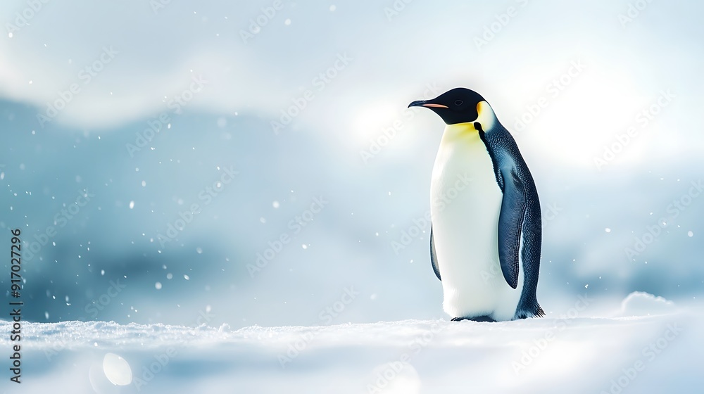 Fototapeta premium Emperor penguin standing majestic in bright Arctic landscape, pristine snow-covered ground, soft diffused sunlight, crystal clear air, light snowfall, pale blue sky.