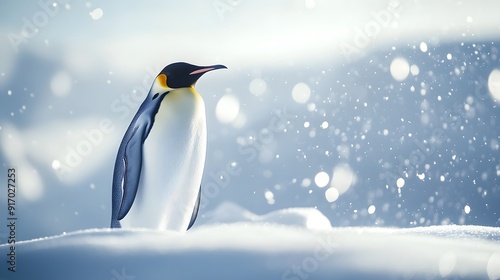 Emperor penguin standing majestic in bright Arctic landscape, pristine snow-covered ground, soft diffused sunlight, crystal clear air, light snowfall, pale blue sky.