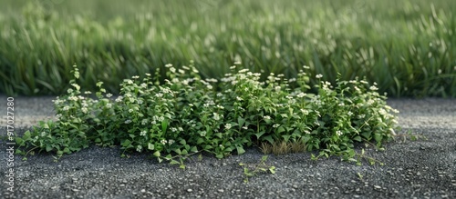 Wild Gletang tridax procumbens plants grow as weeds on roadsides with room for a copy space image photo