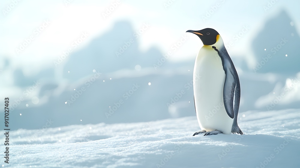Obraz premium Emperor penguin standing majestic in bright Arctic landscape, pristine snow-covered ground, soft diffused sunlight, crystal clear air, light snowfall, pale blue sky.