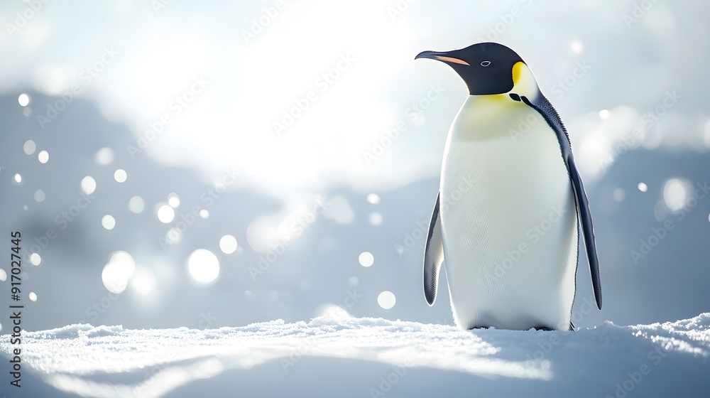 Obraz premium Emperor penguin standing majestic in bright Arctic landscape, pristine snow-covered ground, soft diffused sunlight, crystal clear air, light snowfall, pale blue sky.