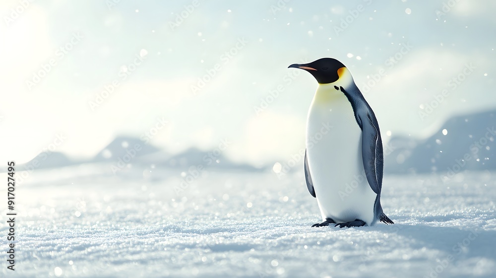 Naklejka premium Emperor penguin standing majestic in bright Arctic landscape, pristine snow-covered ground, soft diffused sunlight, crystal clear air, light snowfall, pale blue sky.