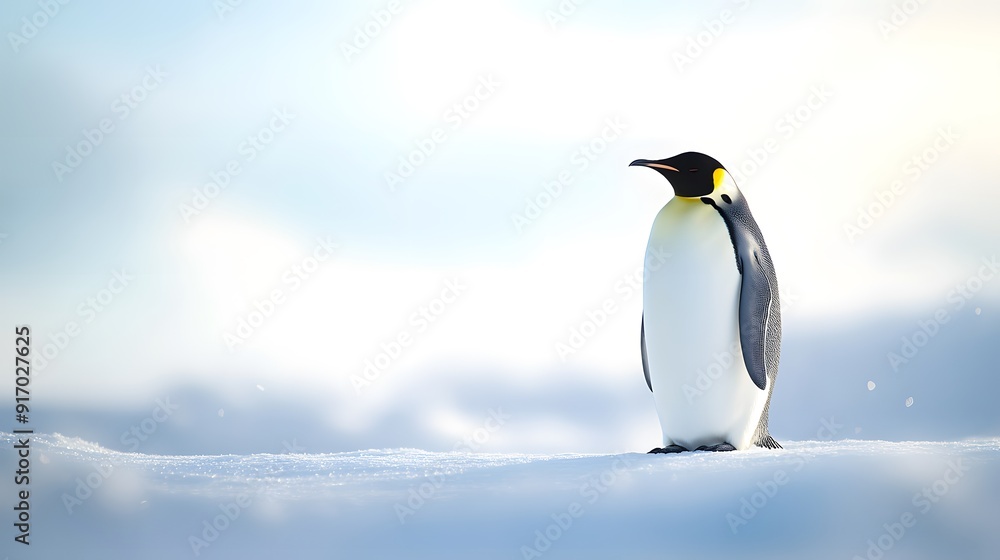 Fototapeta premium Emperor penguin standing majestic in bright Arctic landscape, pristine snow-covered ground, soft diffused sunlight, crystal clear air, light snowfall, pale blue sky.