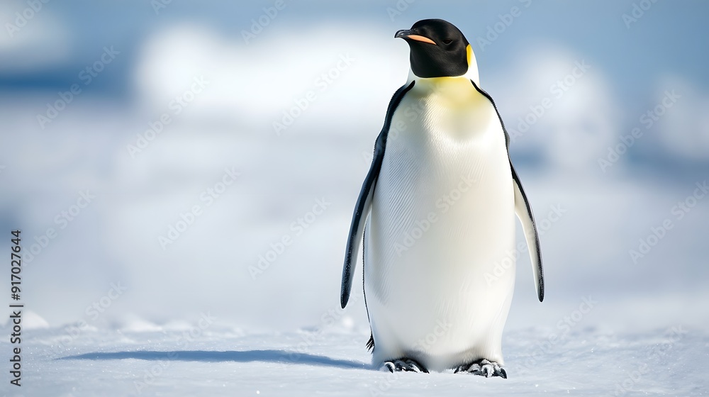 Naklejka premium Emperor penguin standing majestic in bright Arctic landscape, pristine snow-covered ground, soft diffused sunlight, crystal clear air, light snowfall, pale blue sky.