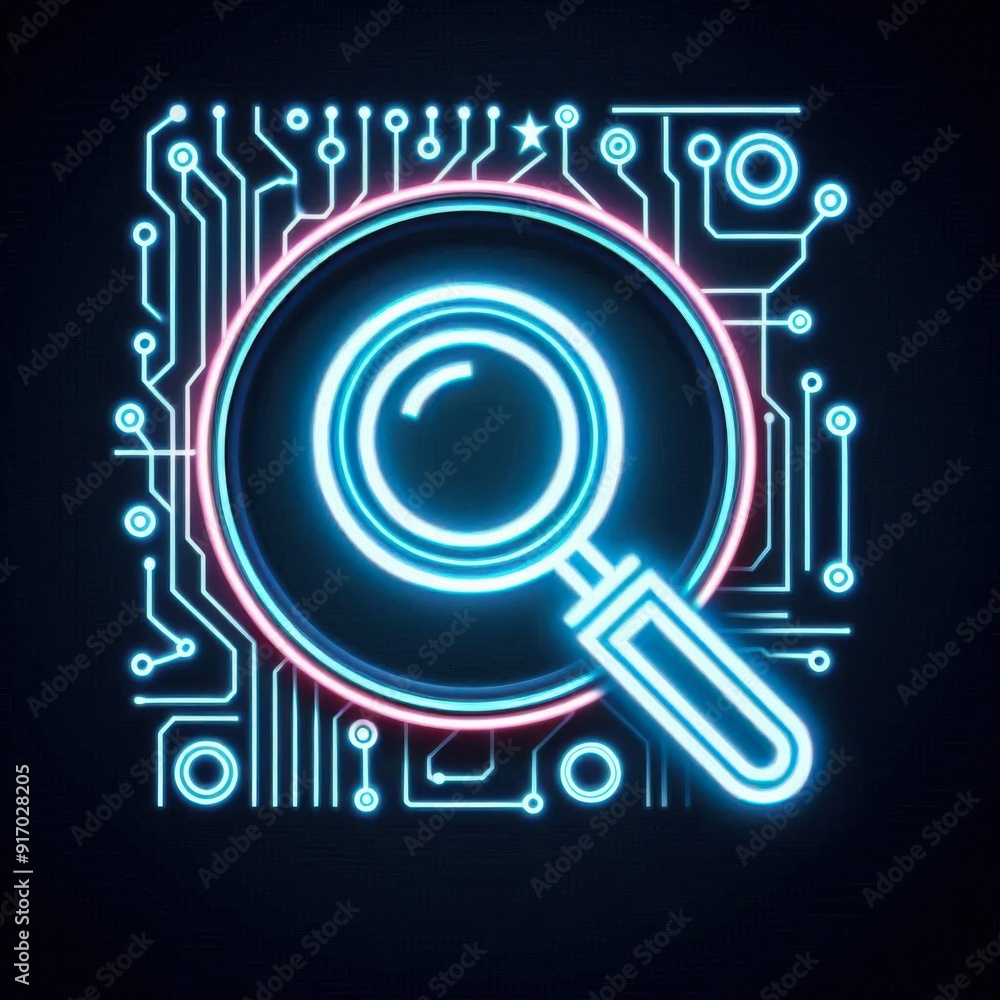 magnifying glass with circuit line glowing in dark magnifying glass with circuit line glowing in dark