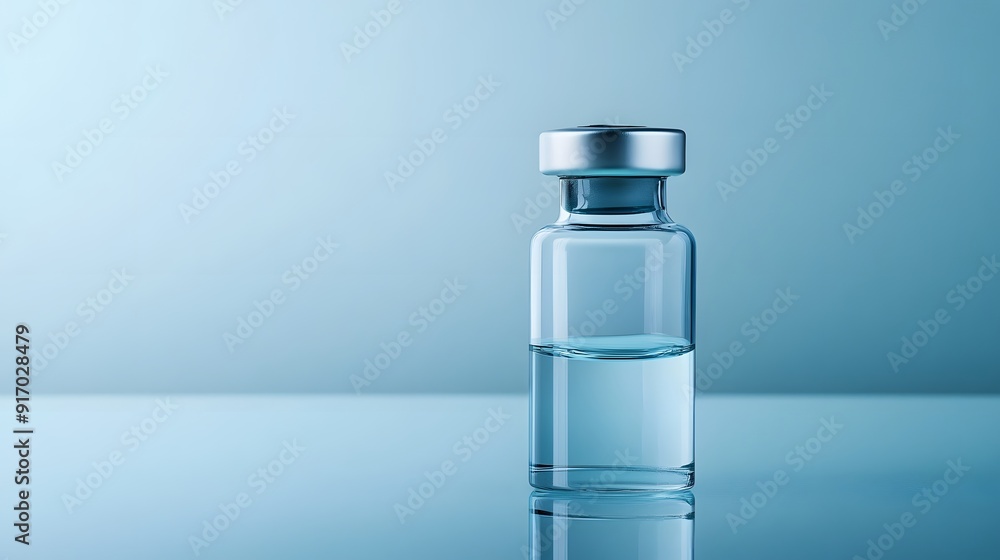 Glass vial with transparent liquid, medical vaccine bottle, metallic cap, reflective surface, clean minimalist background, soft blue tones, pharmaceutical photography. Glass vial with transparent liquid, medical vaccine bottle, metallic cap, reflective surface, clean minimalist background, soft blue tones, pharmaceutical photography.