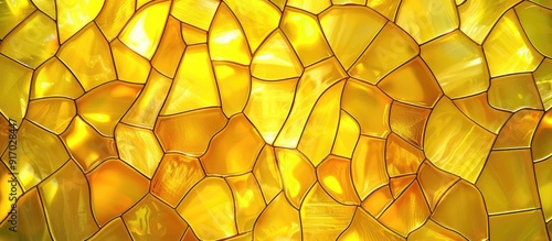Vibrant yellow stained glass backdrop with a variety of shapes and a copyspace image