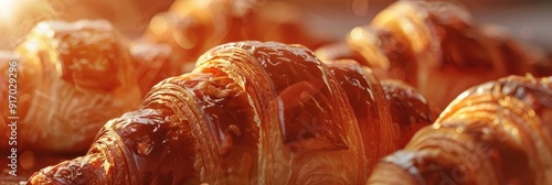 An image highlighting the flaky and buttery texture of freshly baked croissants, still warm from the oven photo