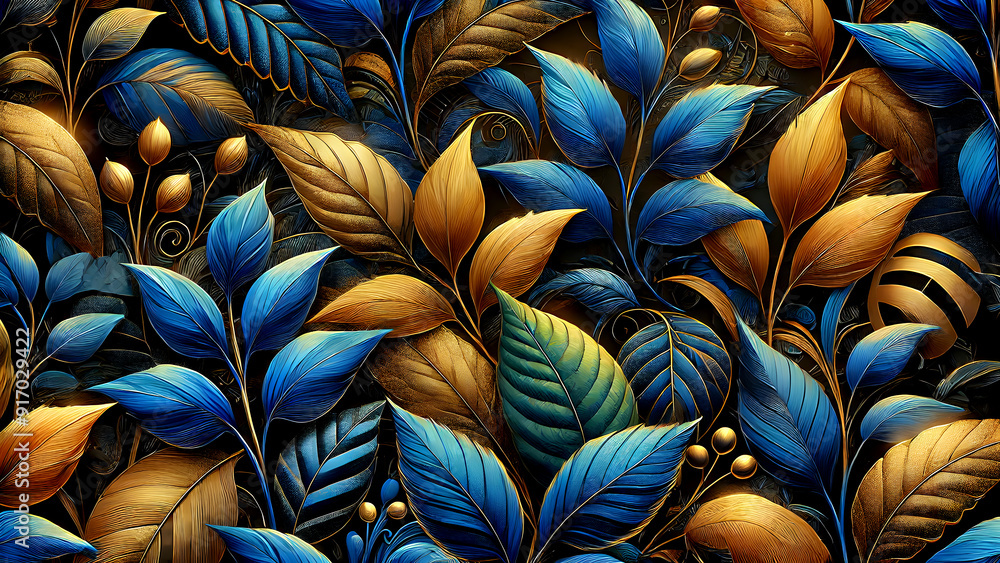 Elegant Blue and Gold Leaf Pattern, Modern Painting to hang on the wall, Art painting for living room, Wallpaper Interior Art, Ornamental Leaves on Dark Background, Vibrant Ornamentals on Grunge wall Elegant Blue and Gold Leaf Pattern, Modern Painting to hang on the wall, Art painting for living room, Wallpaper Interior Art, Ornamental Leaves on Dark Background, Vibrant Ornamentals on Grunge wall