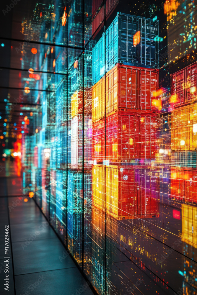 Obraz premium Blockchain Integration, A striking holographic representation of a cargo ship is depicted in an interactive space, emanating floating data tags that explain blockchain applications