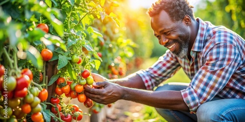 An old black man picking ripe cherry tomatoes in a sunny orchard